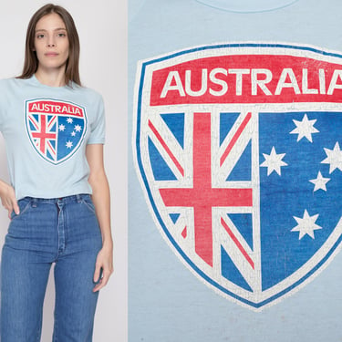 Small 70s Australian Flag T Shirt | Vintage Blue Distressed Graphic Tourist Tee 