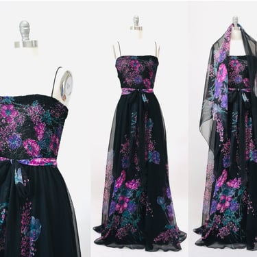 70s Vintage Black Floral Print Dress Smocked Floral Print Maxi Dress XS Small Lillie Rubin // Floral Print Vintage Black Dress Gown XS Small 