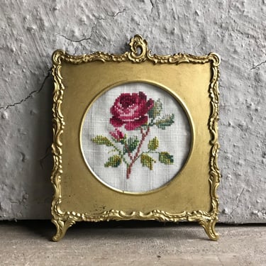 French Rose Tapestry, Rise Tapestry, Gilded Ormolu Frame, Needlepoint, Antique 