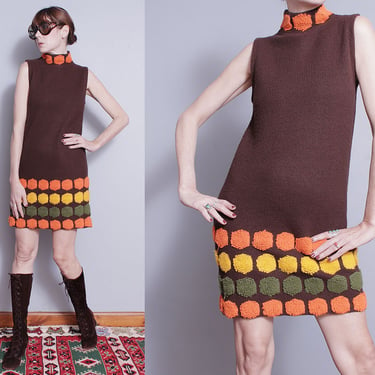 Vintage 1960's | Brown | Sweater | Mod | Mid Century | MCM | Mini | Shift | Dress | M 