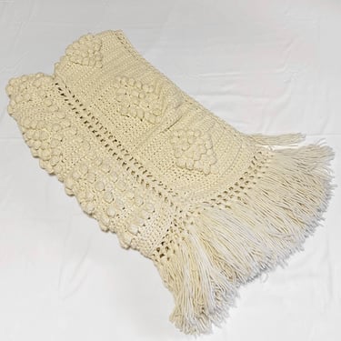 Vintage Ivory Puff hand knit afghan fringe blanket throw 