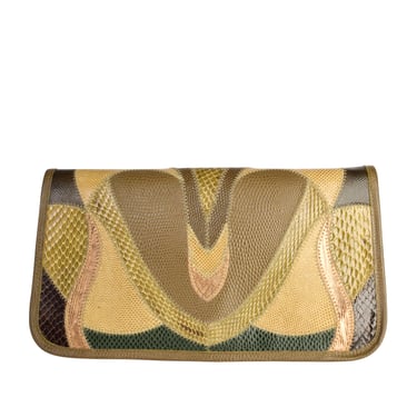 Furst &amp; Mooney Vintage Green and Brown Colorblock Snakeskin Large Clutch Shoulder Bag