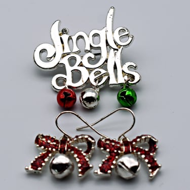 80's Xmas kitsch Jingle Bells earrings & brooch, colorful Christmas bling bells holiday set 
