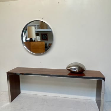 Round Wall Mirror and Wood & Chrome Console - Sleek Home Decor, Sofa or Entry Table 