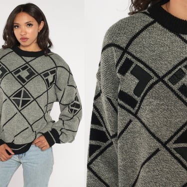 Grey Knit Sweater 90s Geometric Checkered Pullover Diamond Print Slouchy Acrylic Grunge Retro Patch Vintage Knitwear Vintage 1990s Large L 