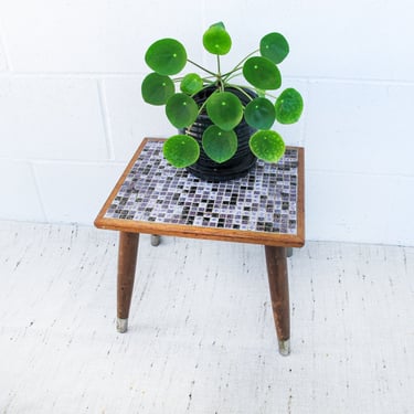 Midcentury Mini Tile Wood Table Plant Stand 