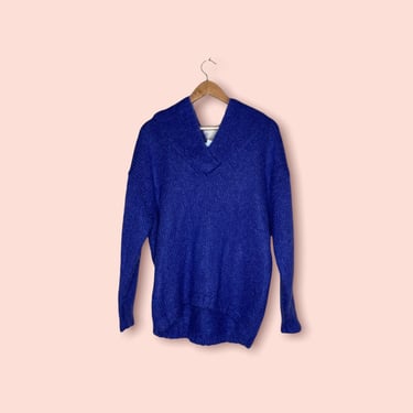 Vintage 80's Cobalt Blue Mohair Blend Oversized Sweater with Hood, Size M 