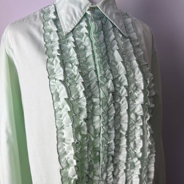 70’s minty green Ruffle shirt/ tuxedo shirt~ lounge singer style~ formal boho groovy / Men’s size 34- 15.5/ AS-IS 