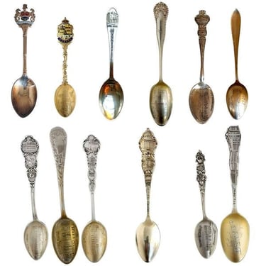 10 American, English and Canadian Sterling Silver and 2 Silverplate Souvenir Spoons 