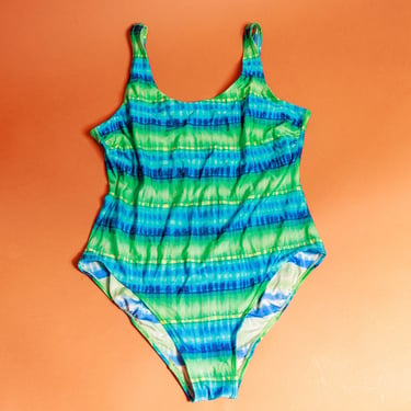 80s Green Tie Dye Swimsuit Vintage Blue Abstract Bathing Suit 