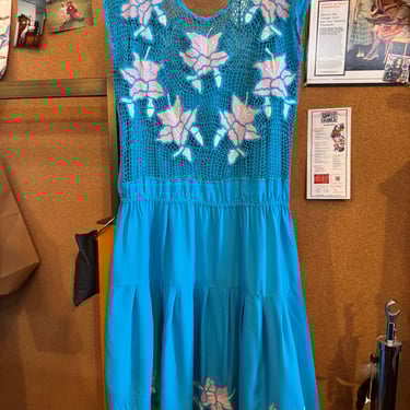1970s Blue &amp; Pink Floral Embroidered Dress