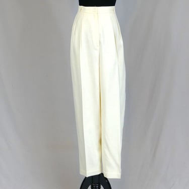 90s Pleated Winter White Trousers - 31" waist Pants - High Rise, Lined, Cuffed, Linen-Look Rayon, Liz Claiborne - Vintage 1990s - 30" inseam 
