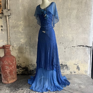 Vintage 1930s Blue Silk Chiffon & Floral Lace Maxi Dress Silver Lamé Rose Bias