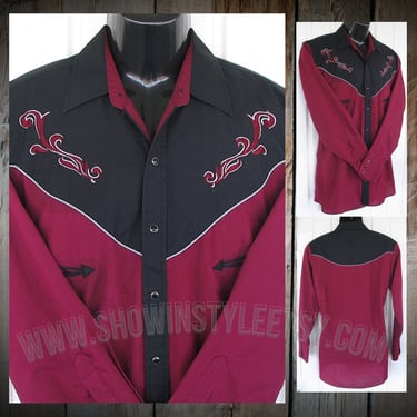 Ely Vintage Retro Western Men's Cowboy & Rodeo Shirt, Burgundy/Wine Color with Black Yokes and Embroidery, Tag Size Medium (see meas. photo) 