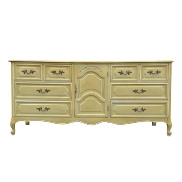 Henry Link French Provincial Dresser 69” Long - 1970s Vintage Golden Green & White Credenza with 9 Drawers Farmhouse Shabby Chic Style 