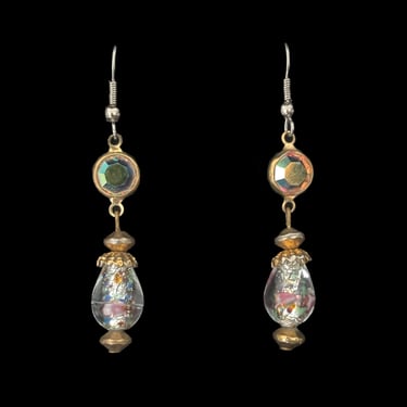 1990s Iridescent Crystal & Venetian Bead Pierced Drop Earrings | 90s Vintage Gold and Silver Tone Shepard's Crook Earwire Earrings 