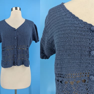 Vintage Y2K Jordache New Blue Short Sleeve Crochet Top - 2000 Style Medium Ramie Cotton Blend Top 