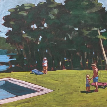 Family at Lake #3 - Original Acrylic Painting on Canvas 20 x 16, summer, michael van, cornhole, landscape, figurative, people, child, sunny 