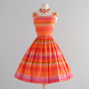 Fabulous 1960's Sorbet Striped Cotton Sun Dress / S