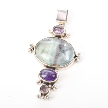 Sterling Silver Fluorite and Amethyst Pendant, Vintage Crystal Pendant with Green and Purple Stones, Estate Jewelry 