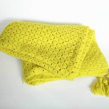 Vintage Crocheted Afghan Blanket - Bright Dandelion Yellow - Tassels 