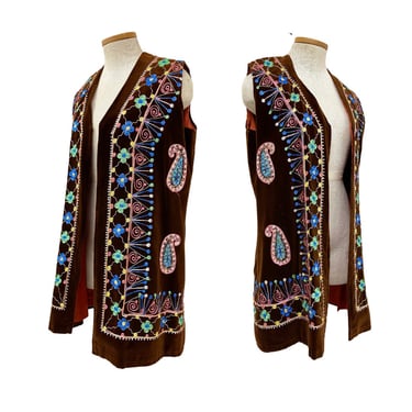 Vtg 60s 1960s Boho Hippie Glam Embroidered Applique Woodstock Era Chocolate Vest 