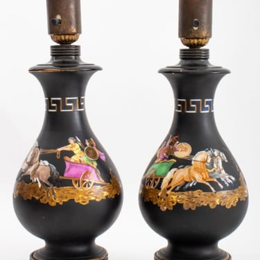 Versace Style Ceramic Vase Mounted Lamps, Pair