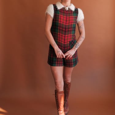 Vintage 70s Plaid Romper/ 1970s Holiday Red Green Shorts Romper/ Size XS Petite 