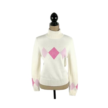 S-M 90s Y2K White with Pink Argyle Sweater, Diamond Knit Cotton Blend Turtleneck, Preppy Clothes Women Vintage SONOMA Small Medium 