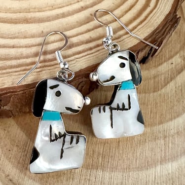 SNOOPY Shenel Comosona Zuni Toons Dangle Earrings Sterling Silver Jet Turquoise Mother of Pearl Inlay | Native American Zunitoon Earrings 