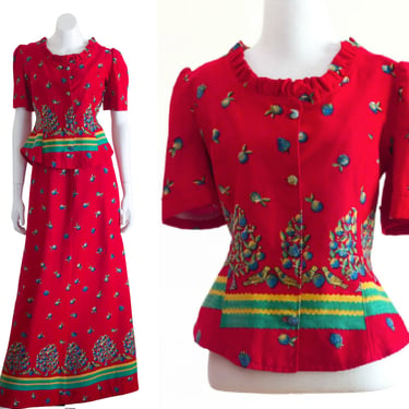 1970s two piece corduroy novelty print set with tailored top and long skirt 