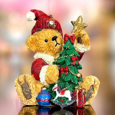 VINTAGE: Bear Ornament - Christmas Bear with Tree - Teddy Bear - Ornament - Christmas Ornament - Holiday - Xmas 