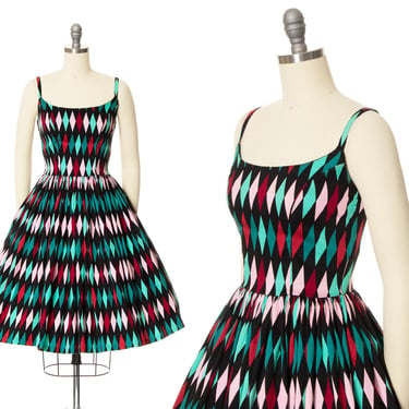 Modern Vintage 1950s Style Sundress | PIN UP GIRL "Jenny" Harlequin Printed Cotton Spaghetti Strap Fit and Flare Day Dress (x-small) 
