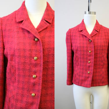 1950s Towncliffe Pink Wool Boucle Plaid Jacket 