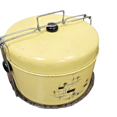 Vintage Mid Century Yellow Cake & Pie Carrier Atomic Starburst Two-Tiered MCM 