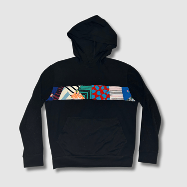 Preloved Black and mix print stripe 'pop of reroll' hoodie (XS)