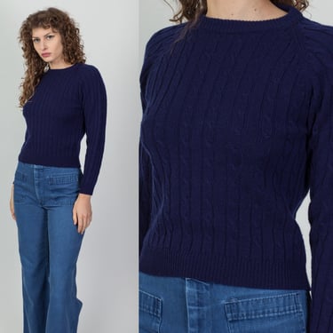 70s Navy Blue Cropped Cable Knit Sweater - Small | Vintage Minimalist Plain Fitted Crop Pullover 