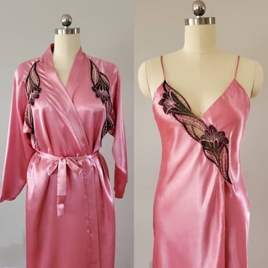 1980's Art Deco Style Lingerie Set - Nightgown and Robe - Tender Moments by Intimé 80s Loungewear 80's Sleepwear Women's Vintage Size M/L 
