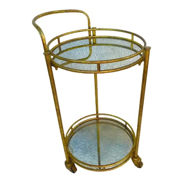 Vtg Gold Metal Faux Bamboo & Mirror Circular 2-Tier Bar Cart | Perfect Size Hollywood Regency Chinoiserie Chic  Rolling Table 
