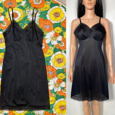 Vintage 60s/70s Vanity Fair Simple Black Slip Dress Made In USA Size 34 S/M 