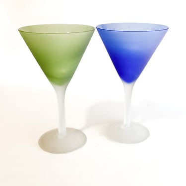 Set of Two Vintage Frosted Green and Blue Cocktail Glasses