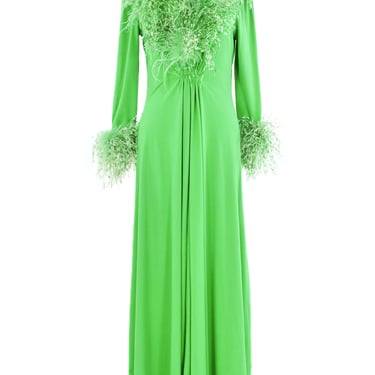 1960s Kelly Green Ostrich Feather Trimmed Jersey Maxi Dress