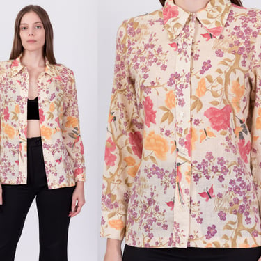 70s Butterfly Floral Button Up Shirt - Medium | Vintage Boho Long Sleeve Collared Top 
