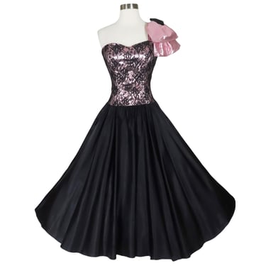 Vintage 80s Pink Metallic Black Satin Floral Lace Full Skirt Prom Gown Party Dress M Medium One Shoulder Bow Lamé Foil Shiny Queen Costume 