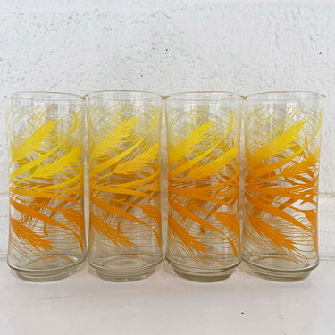 Vintage Orange Flowers Green Stems Tall Ice Tea Tom Collins Glasses Set Of  2