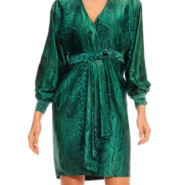 1980S Martha’S Emerald Green Snake Print Silk Satin Long Sleeved Wrap Cocktail Dress 