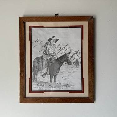 1990's Bill Steelman Cowboy On Horse  Landscape Pencil Drawing 