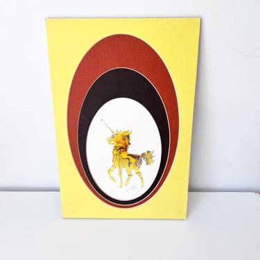 Vintage 1980s Unicorn Wall Art / 1983 Unicorn Marbled Artwork / Nostalgic Yellow Brown Vintage Home 