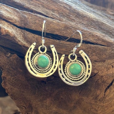 LUCKY HORSESHOE Running Bear RB Silver and Turquoise Dangle Earrings | Handcrafted Navajo Native American Southwestern Jewelry 