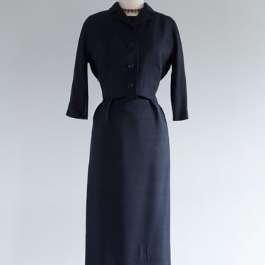 Sophisticated 1950's Navy Blue Silk Dress &amp; Jacket By Ben Reig / Waist 28